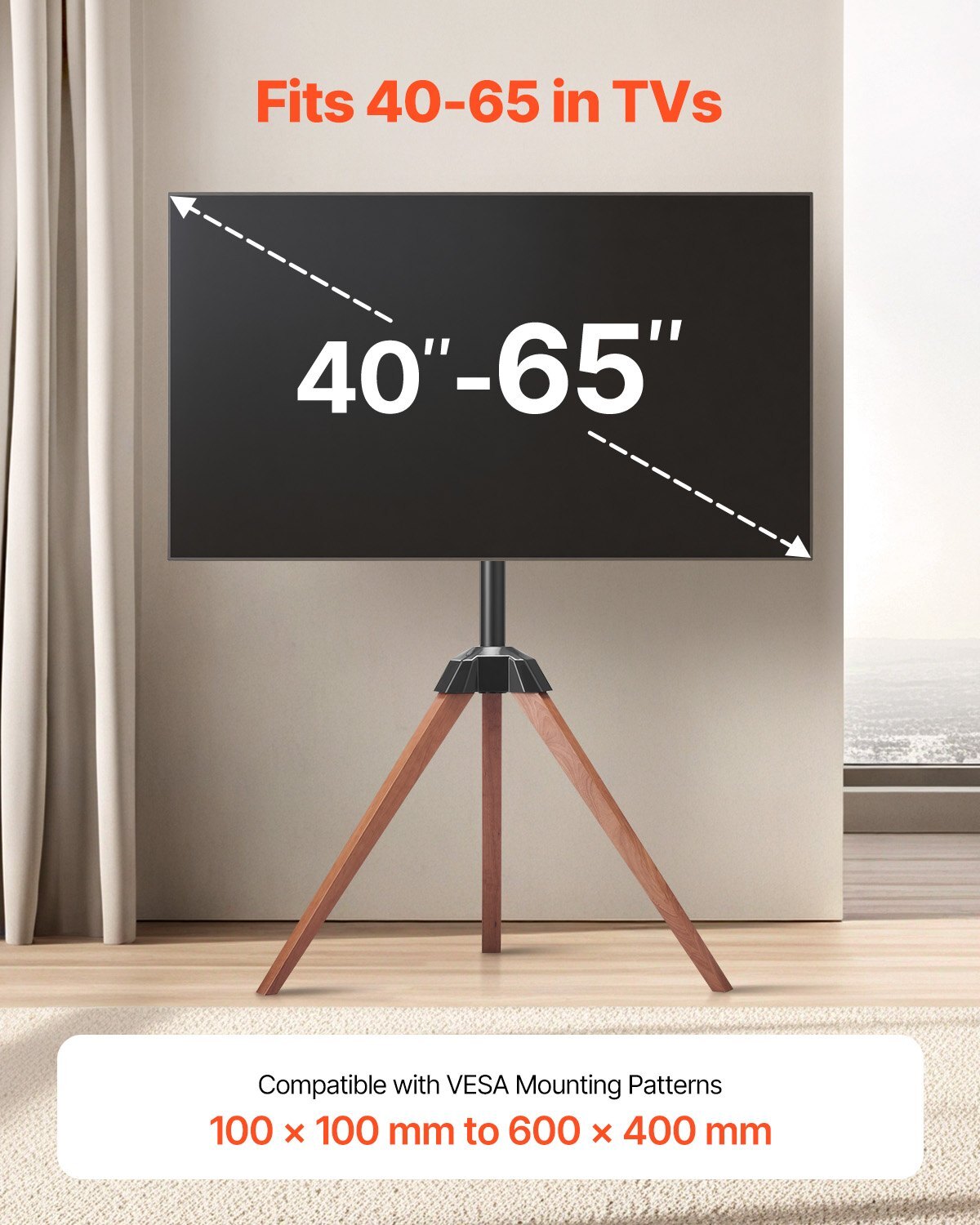Tripod Easel TV Stand, for 40-65 inch Flat Screen/Curved TVs Up to 99 lbs, 18? Left-Right Rotation Portable TV Stand with Oak Wood Legs, for Bedroom, Living Room, Studio, MAX VESA 600 x 400 mm