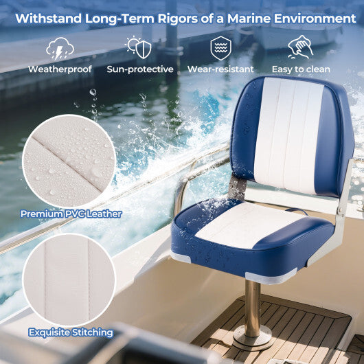 2-Pack Boat Seats Folding Low Back Boat Chairs Waterproof PVC Leather Cabin Seating-Blue - Color: Blue