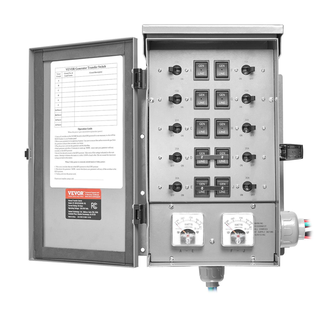 Manual Transfer Switch, 50-Amp 10-Circuit, Prewired Generator Transfer Switch Kit with CS6375 Plug Power Inlet Box, Double-Throw Switch, NEMA 3R, Mechanical Watt Meter, for 12500W Generators