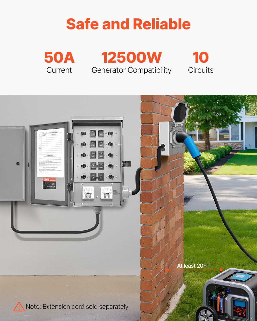 Manual Transfer Switch, 50-Amp 10-Circuit, Prewired Generator Transfer Switch Kit with CS6375 Plug Power Inlet Box, Double-Throw Switch, NEMA 3R, Mechanical Watt Meter, for 12500W Generators