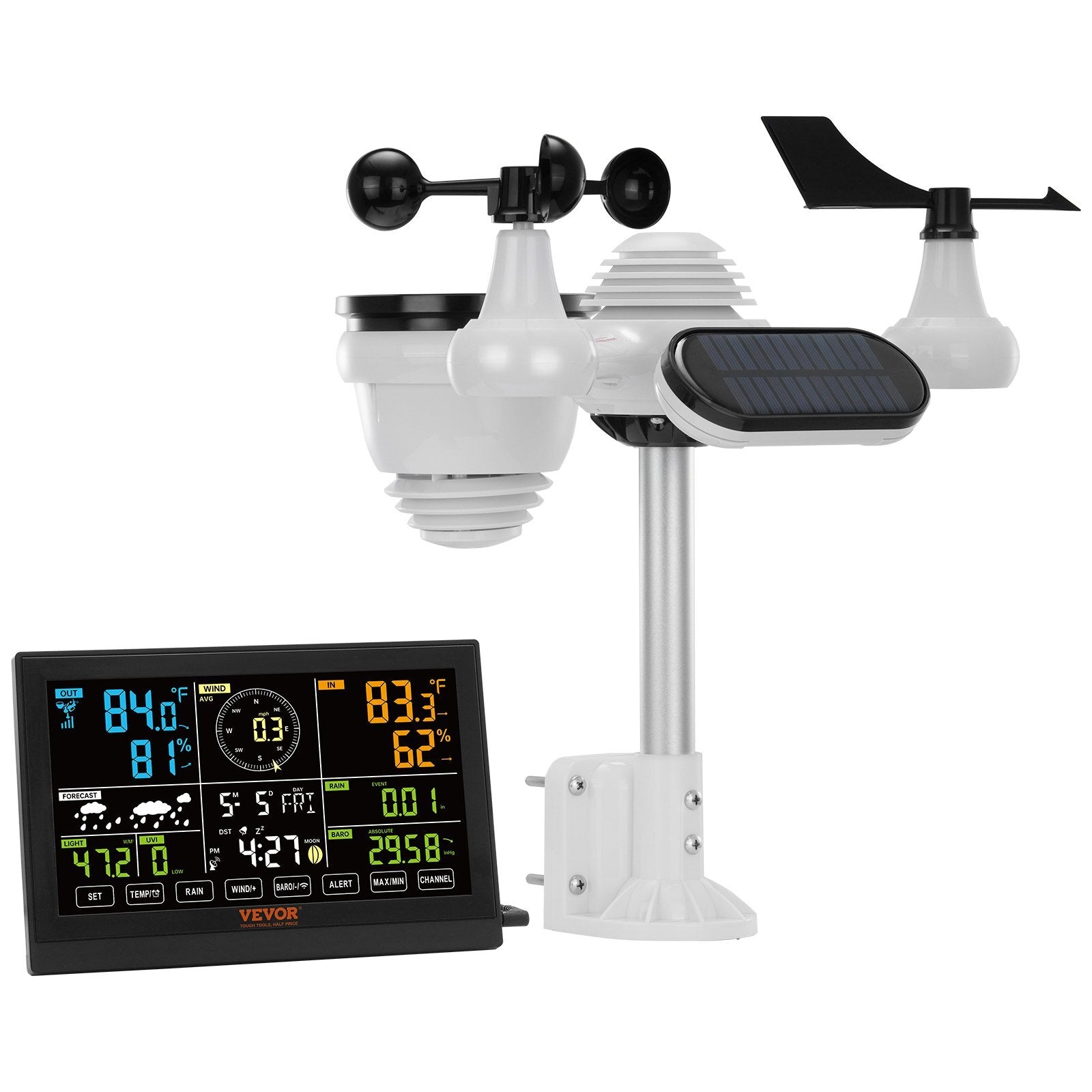 7-in-1 Wireless Weather Station, 7.5 in Color Display, Digital Weather Station Indoor Outdoor, for Temperature Humidity Wind Speed/Direction Rain UV, with Forecast Data, Alarm, Alerts-NO WIFI