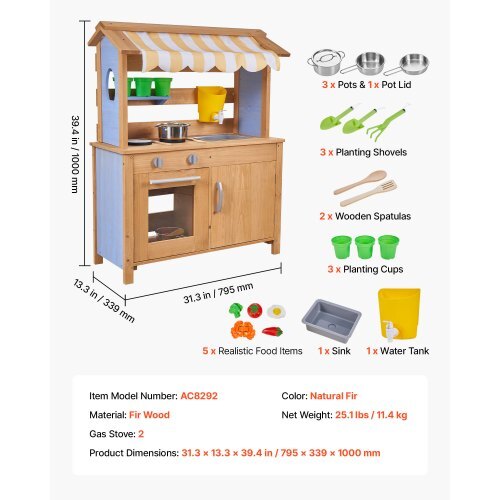 Mud Kitchen, Outdoor Mud Kitchen for Kids, Wood Outdoor Play Kitchens with Spoons, Sink, Tank, Sunshade Canopy, Shovels, Cookware Pots and Accessories, Wooden Play Kitchens for Home, Lawn