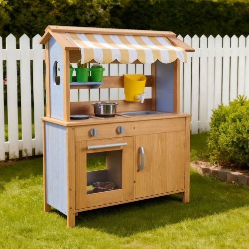 Mud Kitchen, Outdoor Mud Kitchen for Kids, Wood Outdoor Play Kitchens with Spoons, Sink, Tank, Sunshade Canopy, Shovels, Cookware Pots and Accessories, Wooden Play Kitchens for Home, Lawn