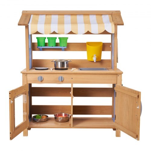 Mud Kitchen, Outdoor Mud Kitchen for Kids, Wood Outdoor Play Kitchens with Spoons, Sink, Tank, Sunshade Canopy, Shovels, Cookware Pots and Accessories, Wooden Play Kitchens for Home, Lawn