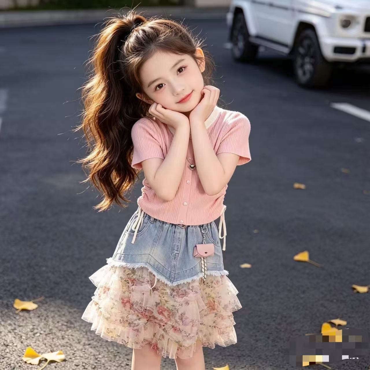 Floral Top And Denim Skirt Set For Girls