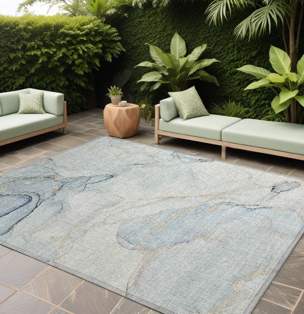 9' X 12' Beige and Blue Abstract Washable Non Skid Indoor Outdoor Area Rug