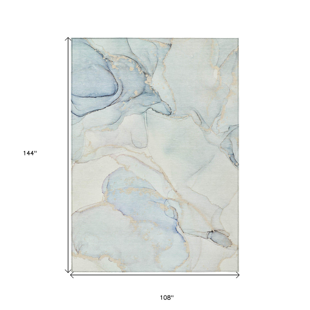 9' X 12' Beige and Blue Abstract Washable Non Skid Indoor Outdoor Area Rug