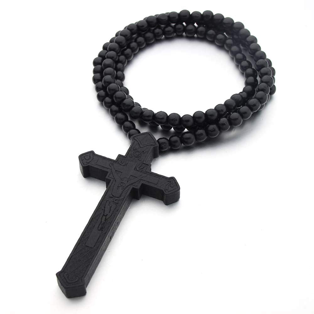 Jemant Cross Necklace Wooden For Men Engraved Jesus Pendant Big Natural Wood Beads Chain Necklace For Women Religious Christianity Wall Decoration Jewelry (Black)