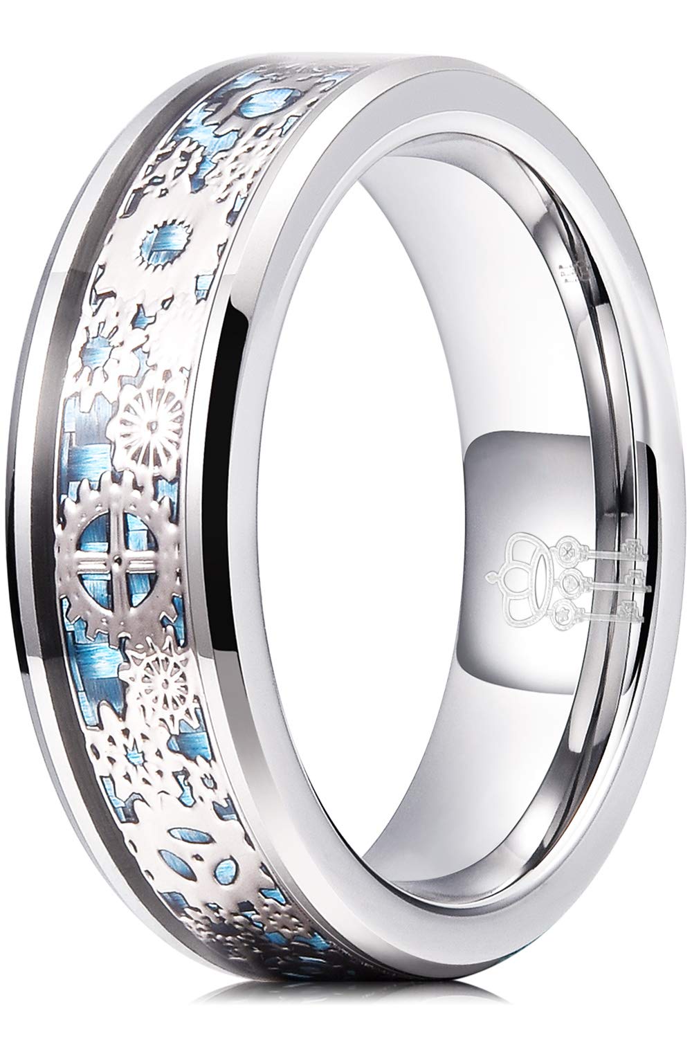 THREE KEYS JEWELRY Gear Tungsten Carbide Mens Wedding Band Ring Polish for Men Punk Mechanical Foil Stone Meteorite Inlay Engrave Engagement Blue Silver Size 5.5