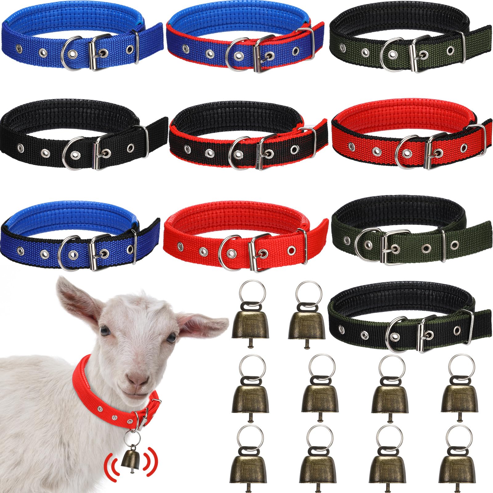 Clysee 10 Sets Goat Collars with Bells Sheep Collar with Bell Adjustable Small Animal Collar Cow Horse Sheep Copper Bronze Bells Pet Collar Goat Supplies for Farm Animal Sheep Accessories