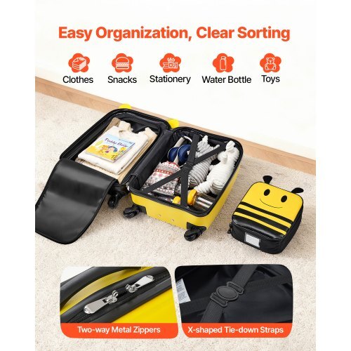Kids Luggage Set, 5 Piece, 18 Inch Hardside Rolling Wheels Suitcase with Backpack & U-shape Pillow, Bee Kids Carry on Luggage Set, Holiday Birthday Gift for Girls Boys, Airline Approved