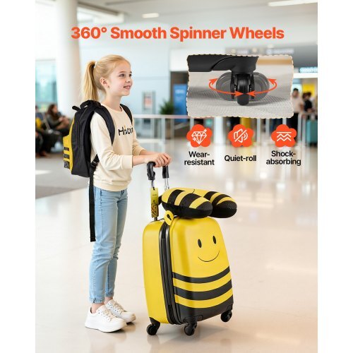 Kids Luggage Set, 5 Piece, 18 Inch Hardside Rolling Wheels Suitcase with Backpack & U-shape Pillow, Bee Kids Carry on Luggage Set, Holiday Birthday Gift for Girls Boys, Airline Approved