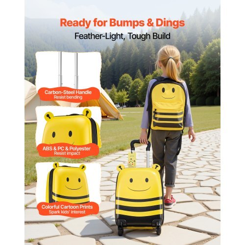 Kids Luggage Set, 5 Piece, 18 Inch Hardside Rolling Wheels Suitcase with Backpack & U-shape Pillow, Bee Kids Carry on Luggage Set, Holiday Birthday Gift for Girls Boys, Airline Approved