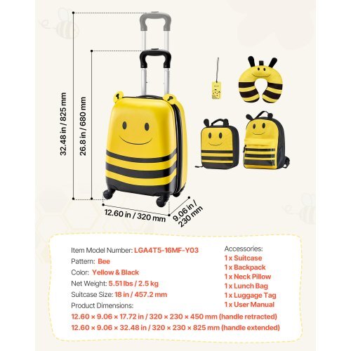 Kids Luggage Set, 5 Piece, 18 Inch Hardside Rolling Wheels Suitcase with Backpack & U-shape Pillow, Bee Kids Carry on Luggage Set, Holiday Birthday Gift for Girls Boys, Airline Approved