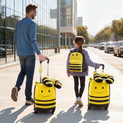 Kids Luggage Set, 5 Piece, 18 Inch Hardside Rolling Wheels Suitcase with Backpack & U-shape Pillow, Bee Kids Carry on Luggage Set, Holiday Birthday Gift for Girls Boys, Airline Approved