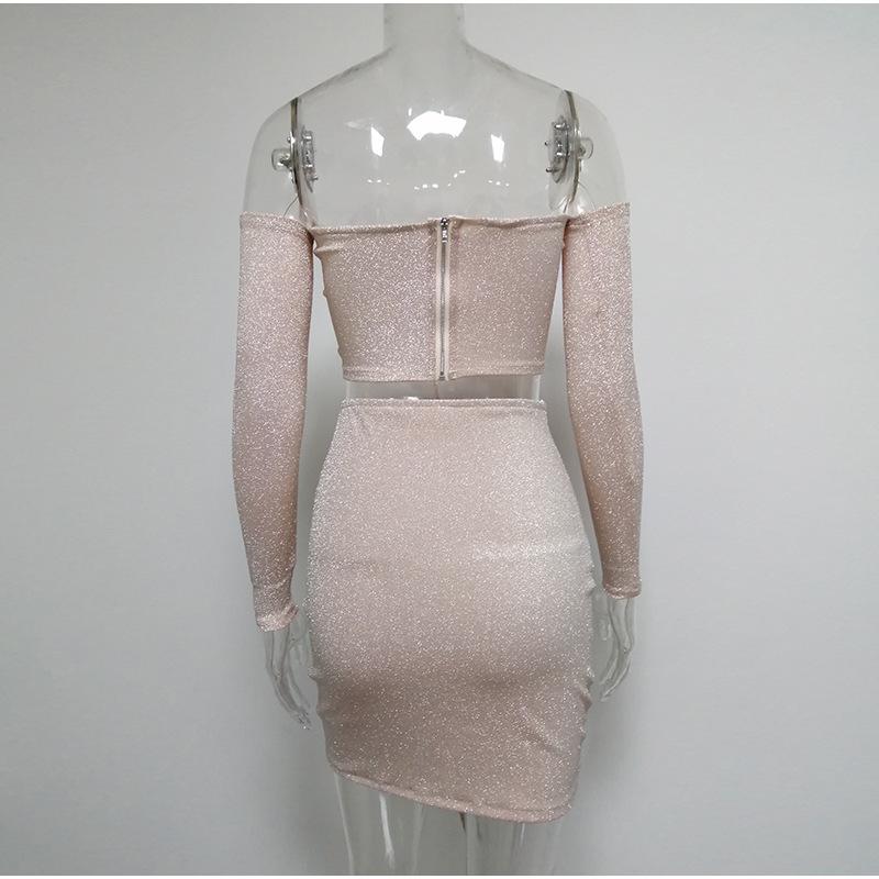 Two piece lurex pink lace up short dress Women high waist