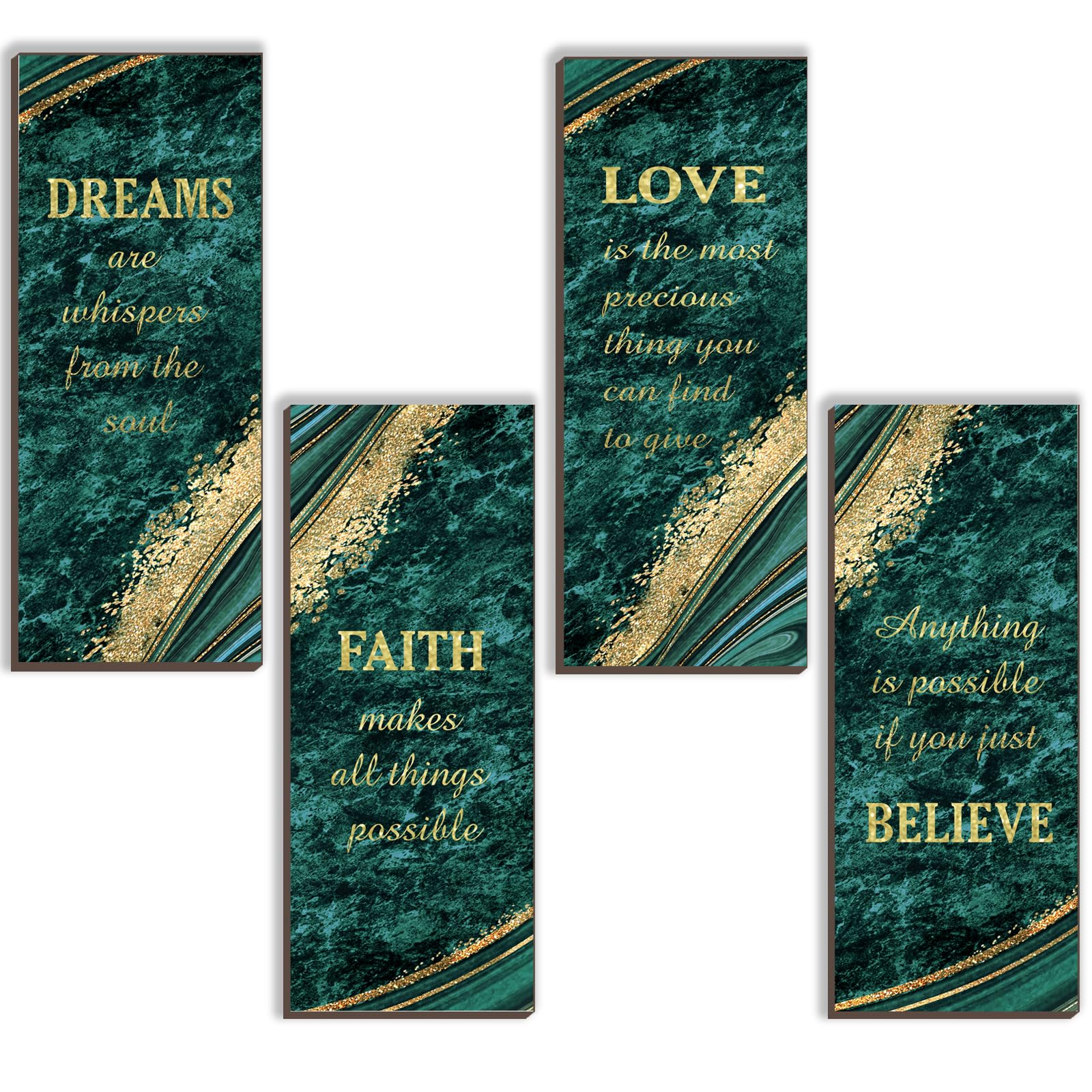 ONIZHITY 4 Pcs Green Gold Bathroom Decor Green Gold Wall Decor with Dreams Faith Love Believe Wooden Rustic Marble Style Versatile Bathroom Accessories for Bedroom Living Room(Green Gold 10X4)