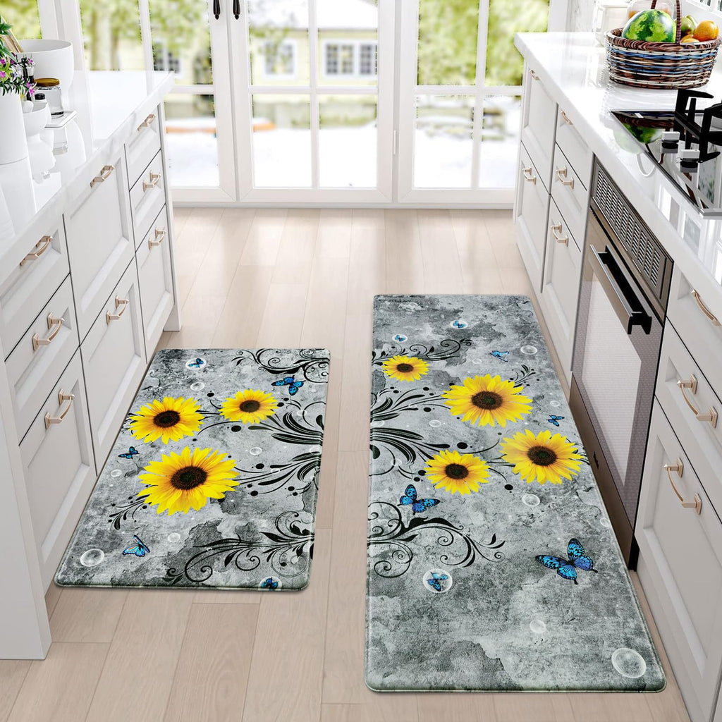 Gray Sunflower Anti-Fatigue Kitchen Mat Set