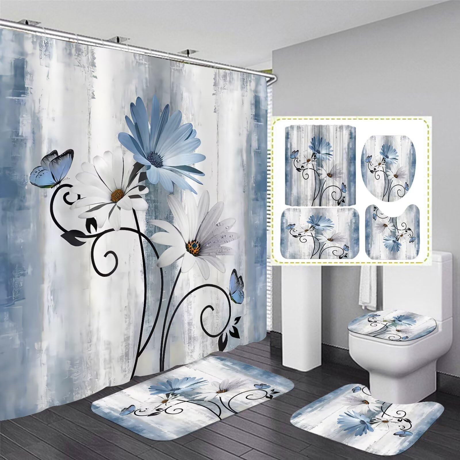 AZHM Blue Daisy Flower Shower Curtain Set 4pcs Rustic Farmhouse Bathroom Decor Set with Shower Curtain and Rugs and Accessories Floral on Country Wooden Bathroom Curtain with 12 Hooks