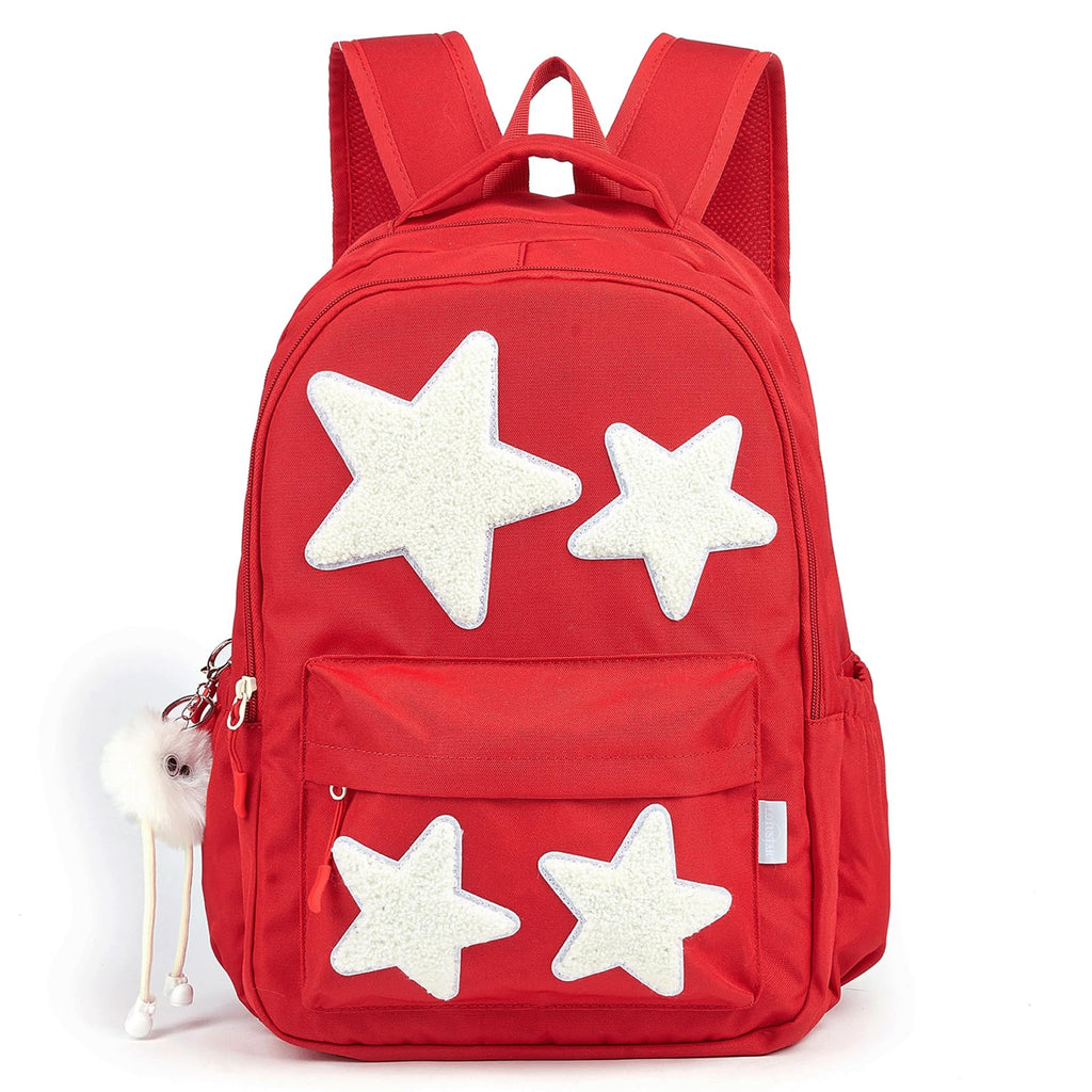 LOTUSTAR Preppy Backpack with Cute Plush Accessories Star Y2K School Bookbag Girls Aesthetic Backpacks for Kids (Red)