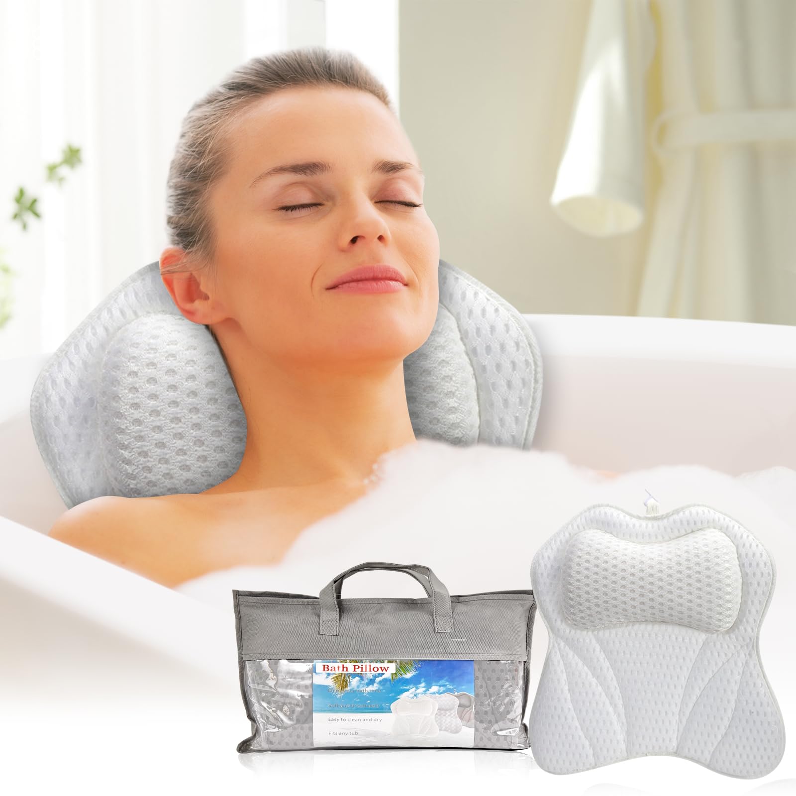 Bath Pillow for Tub Bathtub Pillow for Head Neck Shoulder and Back Support Ergonomic Luxury Bath Pillow for Bathtub 6 Strong Suction Cups and Hook Spa Bath Pillow Bathroom Accessories White