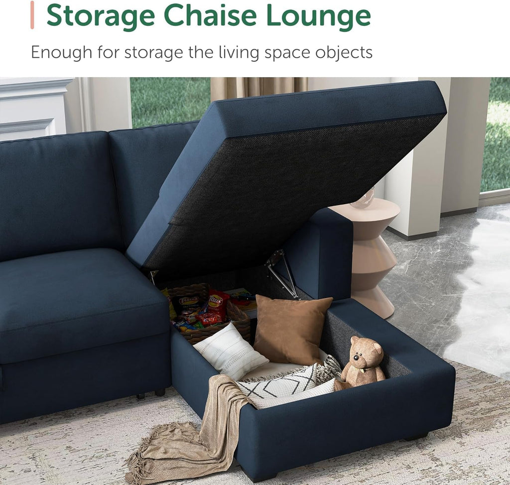 Blue Velvet U Shaped Sleeper Sofa With Pull Out Bed