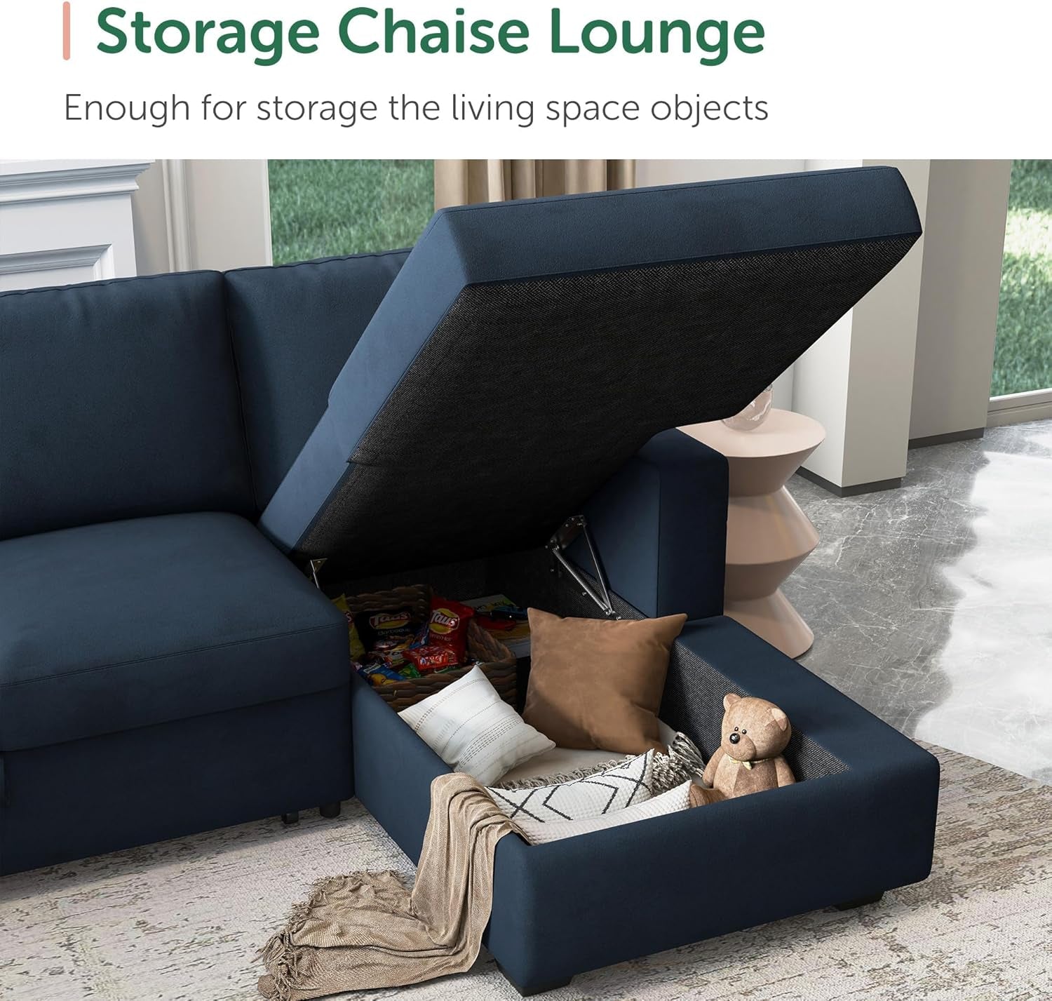 Blue Velvet U Shaped Sleeper Sofa With Pull Out Bed