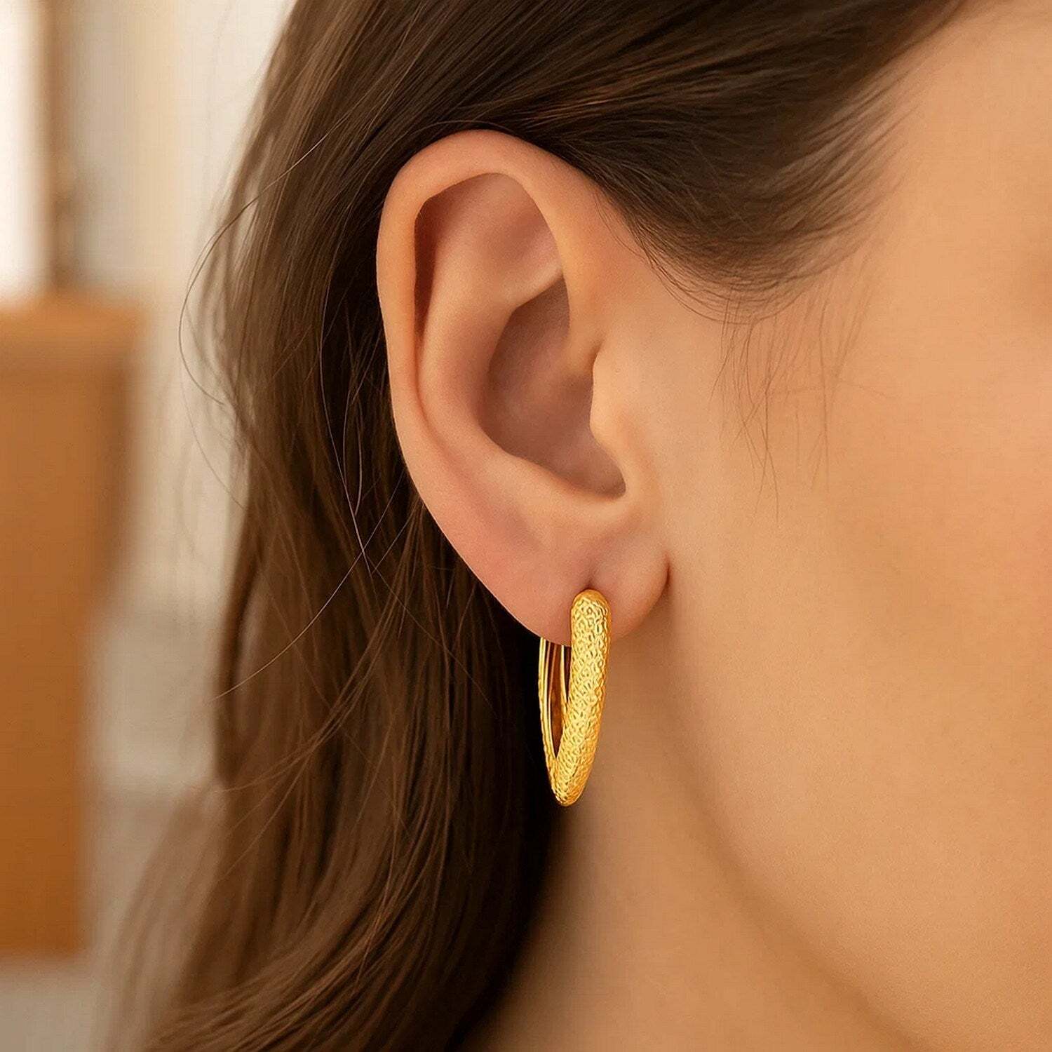 14k Yellow Gold V Shaped Puffed Hoop Earrings