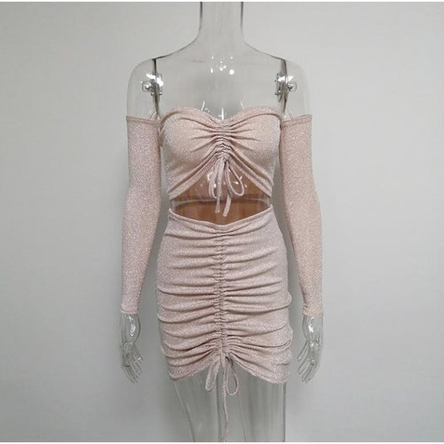 Two piece lurex pink lace up short dress Women high waist