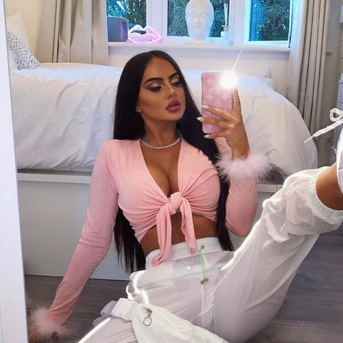 Pink knot tie feather sleeve short feminine blouse Women