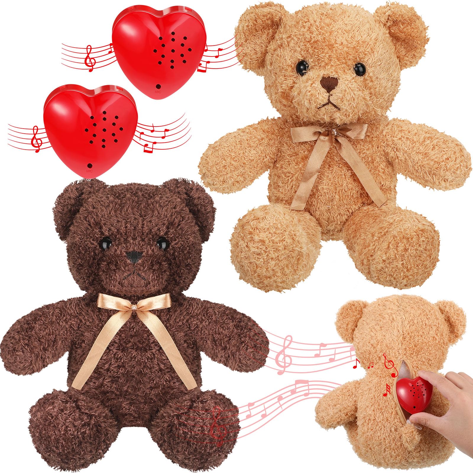 2 Pcs Bear Stuffed Animals with Voice Recorder Set 60 Seconds Voice Sound Recorder Module 16 Inch Soft Plush Bear Cute Stuffed Bear with Zipper Sound Box Recordable Heart for Boys Girls