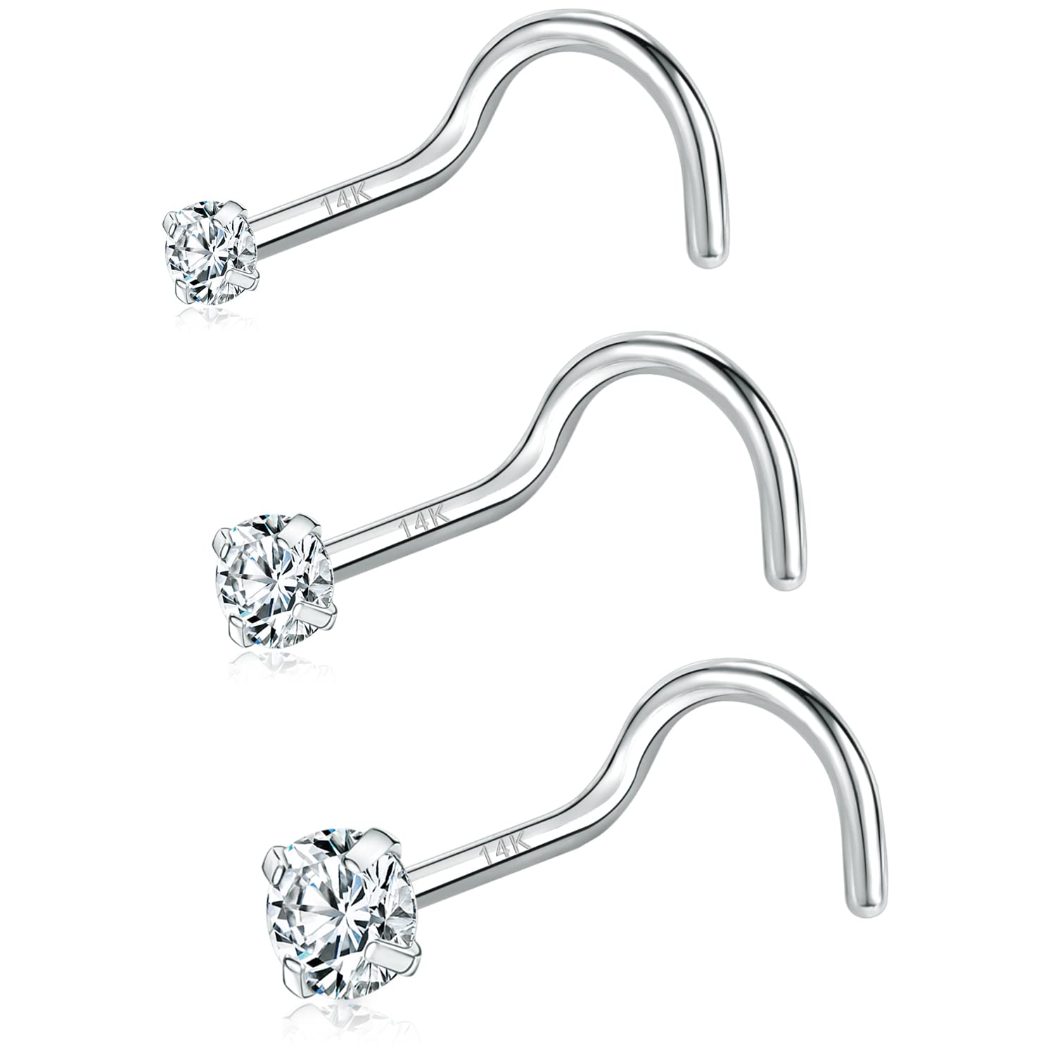 PunkTracker 20g 14K Real Gold Nose Rings CZ Simulated Diamond Nose Studs Hypoallergenic Nostril Nose Piercing Jewelry for Women Men