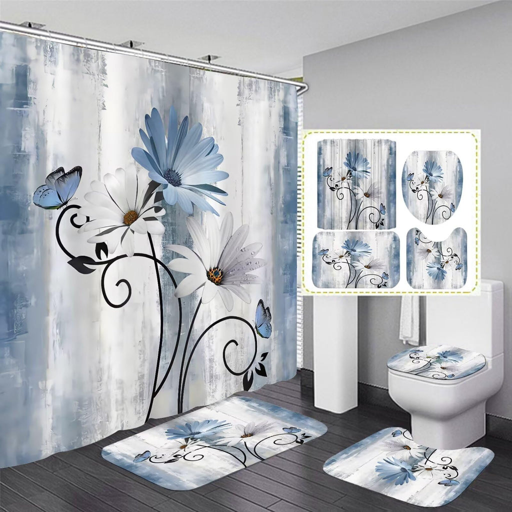 AZHM Blue Daisy Flower Shower Curtain Set 4pcs Rustic Farmhouse Bathroom Decor Set with Shower Curtain and Rugs and Accessories Floral on Country Wooden Bathroom Curtain with 12 Hooks