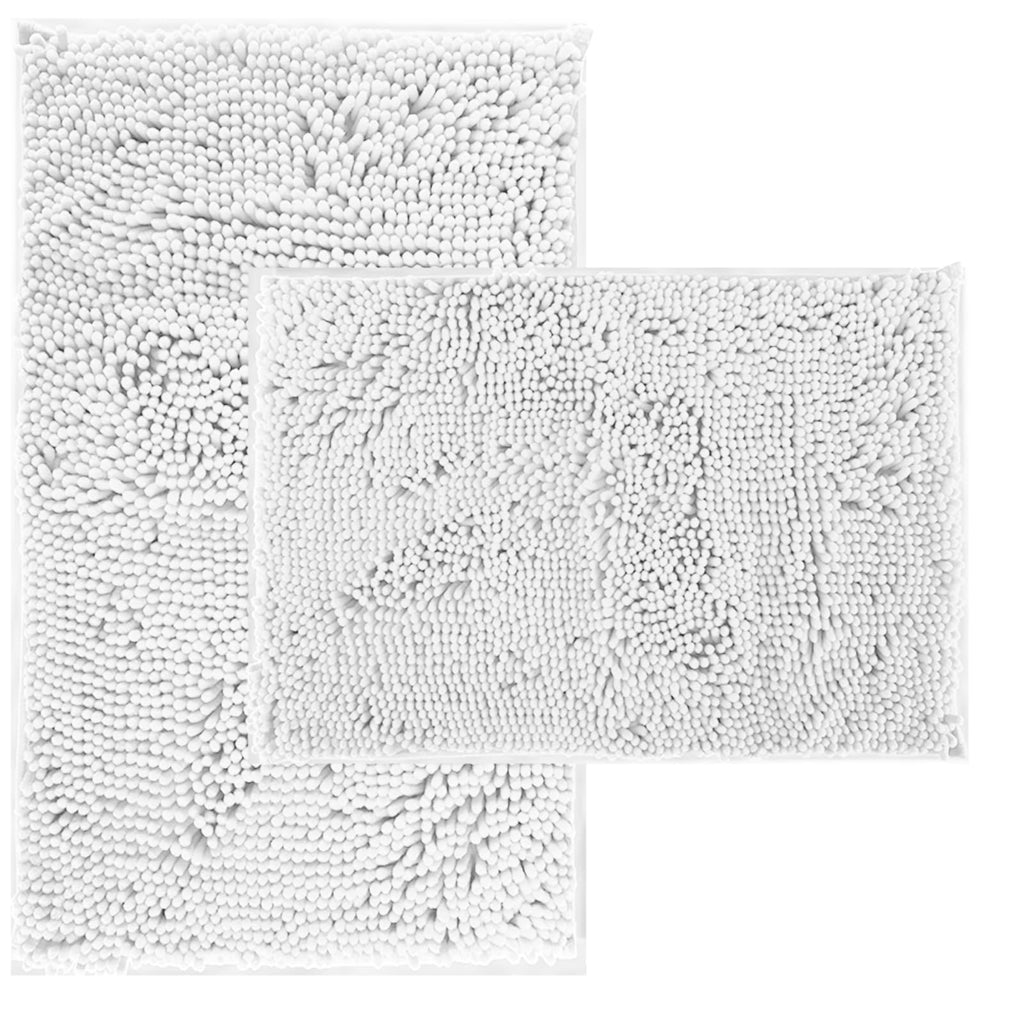 White Bathroom Rugs and Mats Set 2 Piece Chenille Bath Mat Set Machine Wash Dry Non Slip Absorbent Shaggy Bath Rug for Bath Room Shower and Tub (20" x 32"+16" x 24") Bathroom Rug Set Accessories