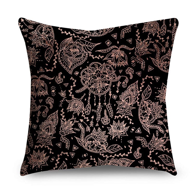 Rose Gold Polyester Pillow Cover with Black Gold Design