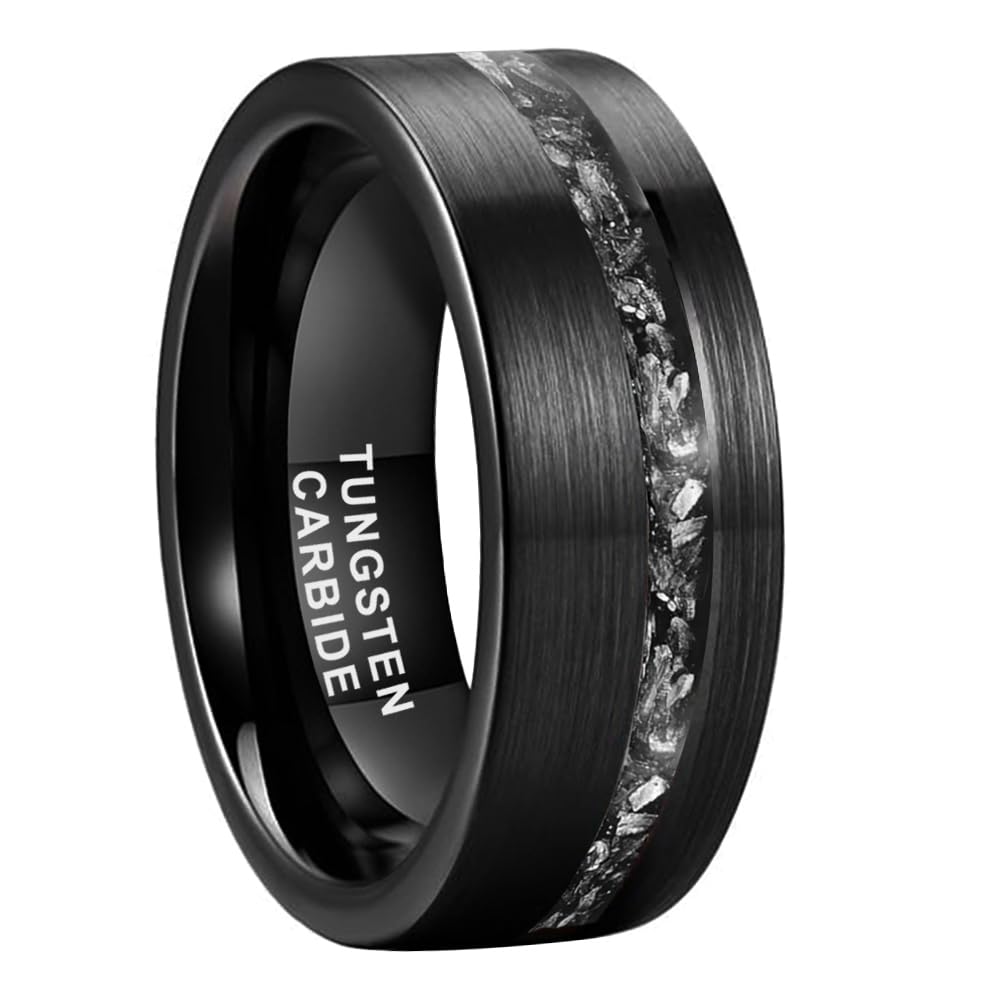 TUTISS 8mm Black Tungsten Rings for Men Women Genuine Meteorite Chip Inlay Fashion Jewelry Engagement Wedding Promise Band Brushed Finish Comfort Fit Size 9.5
