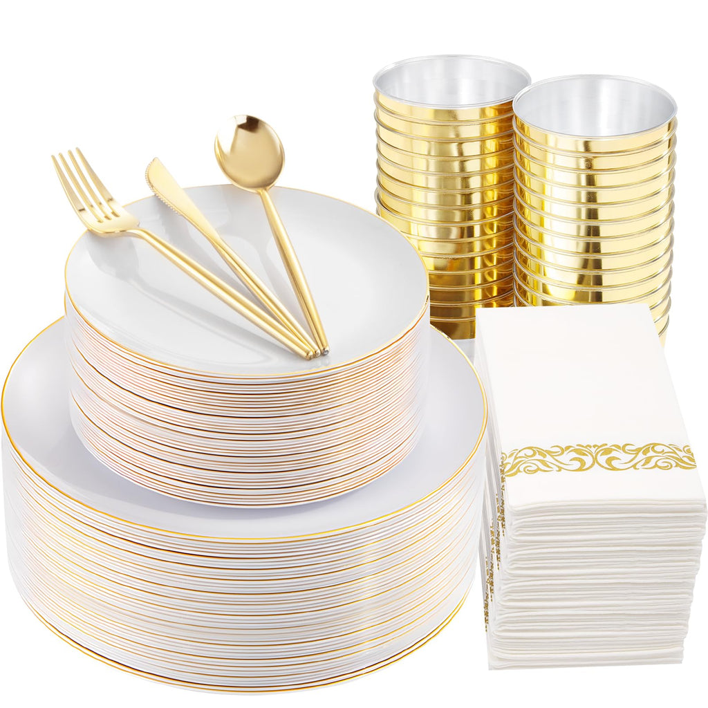 LUODA MirthMood 210Pcs Gold Dinnerware Sets Gold Plastic Party Plates Includes:30 Gold Dinner Plates 30 Gold Dessert Plates 30 Paper Towels with 90 Silverware & 30 9oz Cups