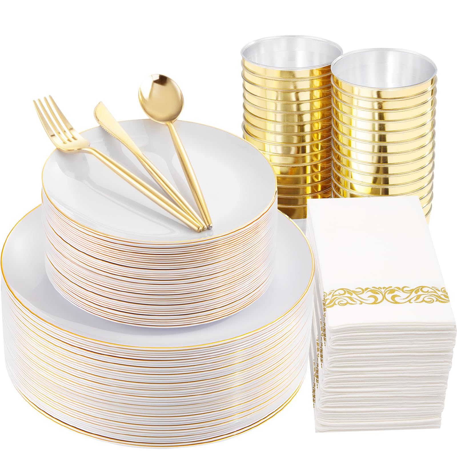 LUODA MirthMood 210Pcs Gold Dinnerware Sets Gold Plastic Party Plates Includes:30 Gold Dinner Plates 30 Gold Dessert Plates 30 Paper Towels with 90 Silverware & 30 9oz Cups