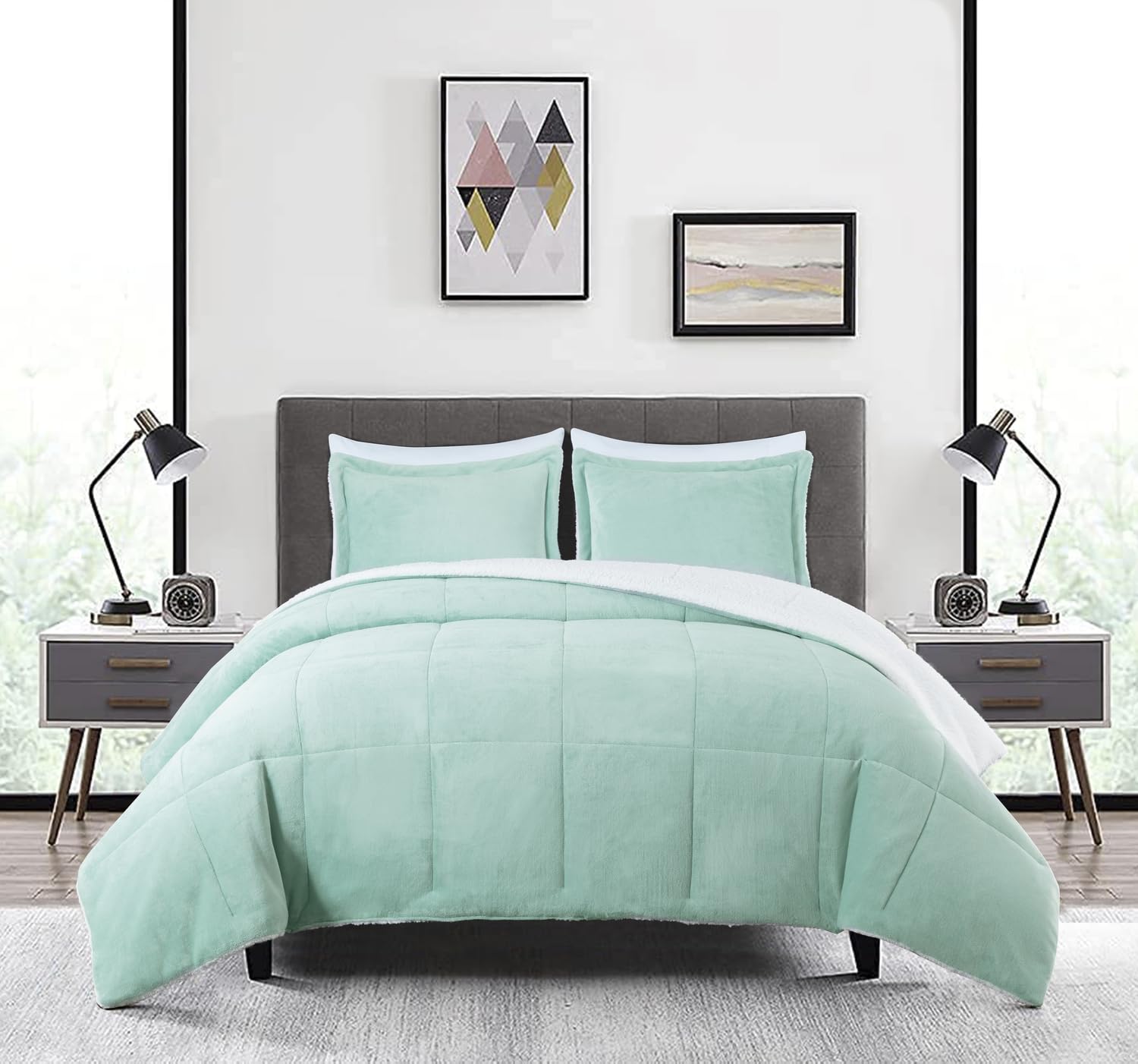Chezmoi Collection Ultra-Soft Micromink Sherpa King Size Comforter Set with 2 Pillow Shams - Aqua Reversible Plush Bedding Comforter 3-Piece Set Warm Winter Blanket