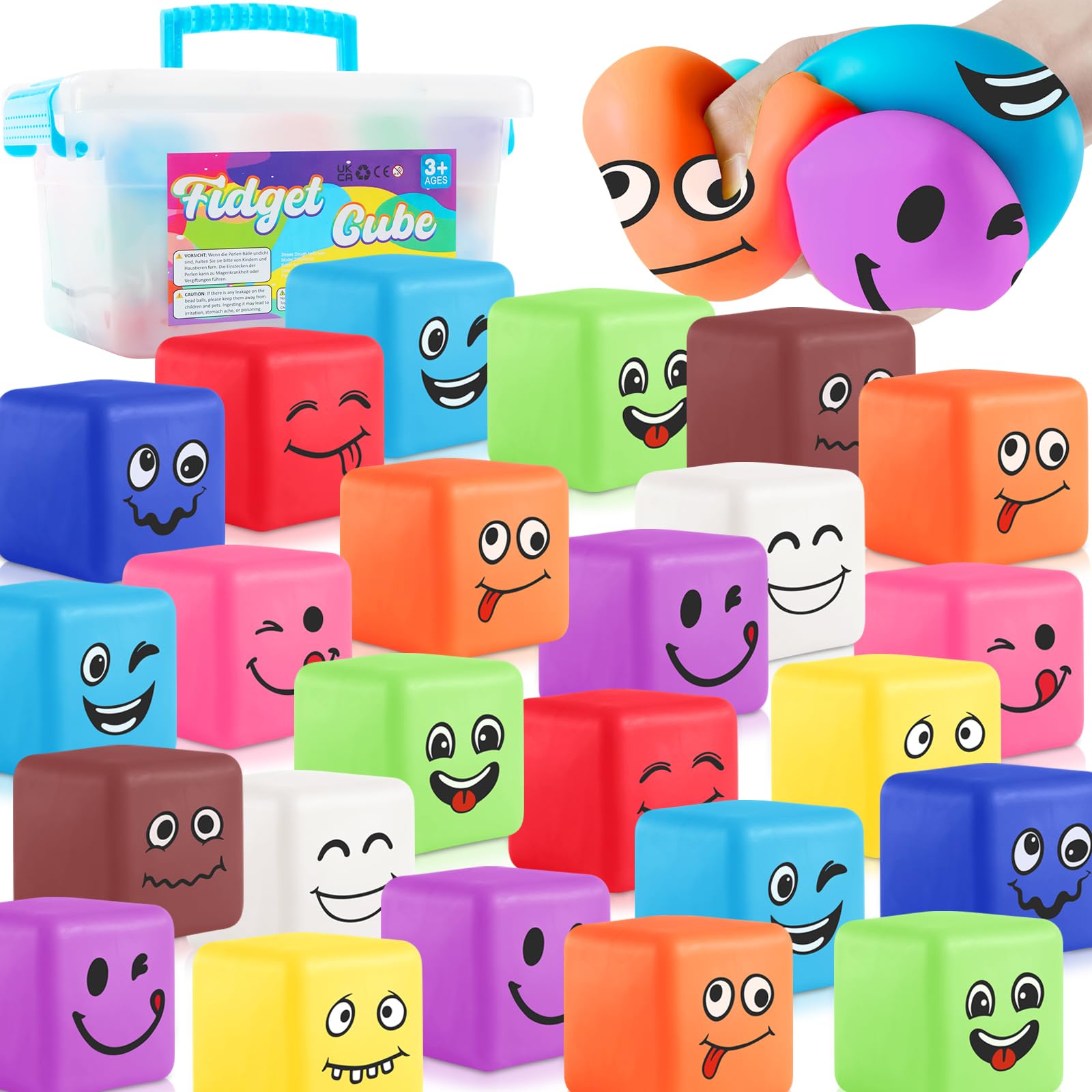Stress Balls Fidget Toys for Kids: Mini Smile Face Stress Ball 24 Pack Stretchy Toys for Anxiety Stress Relief Square Shape Hand Therapy Sensory Play Pull Stretch Squishy Toy Prize Box Toys