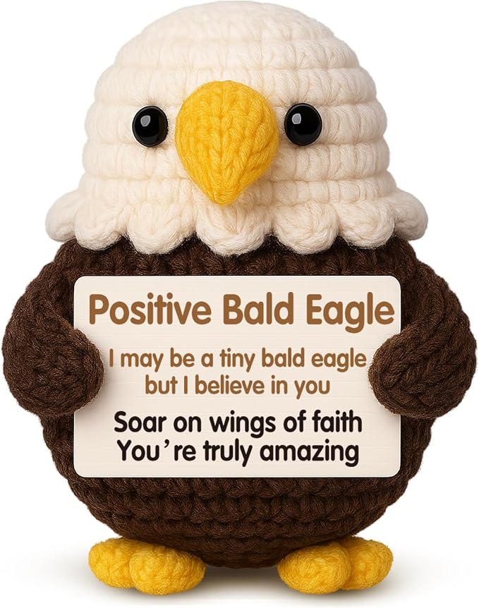 Positive Bald Eagle with Inspirational Card - Handmade Crochet Animals Gifts for Friends, Dad, Son