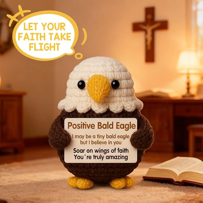 Positive Bald Eagle with Inspirational Card - Handmade Crochet Animals Gifts for Friends, Dad, Son