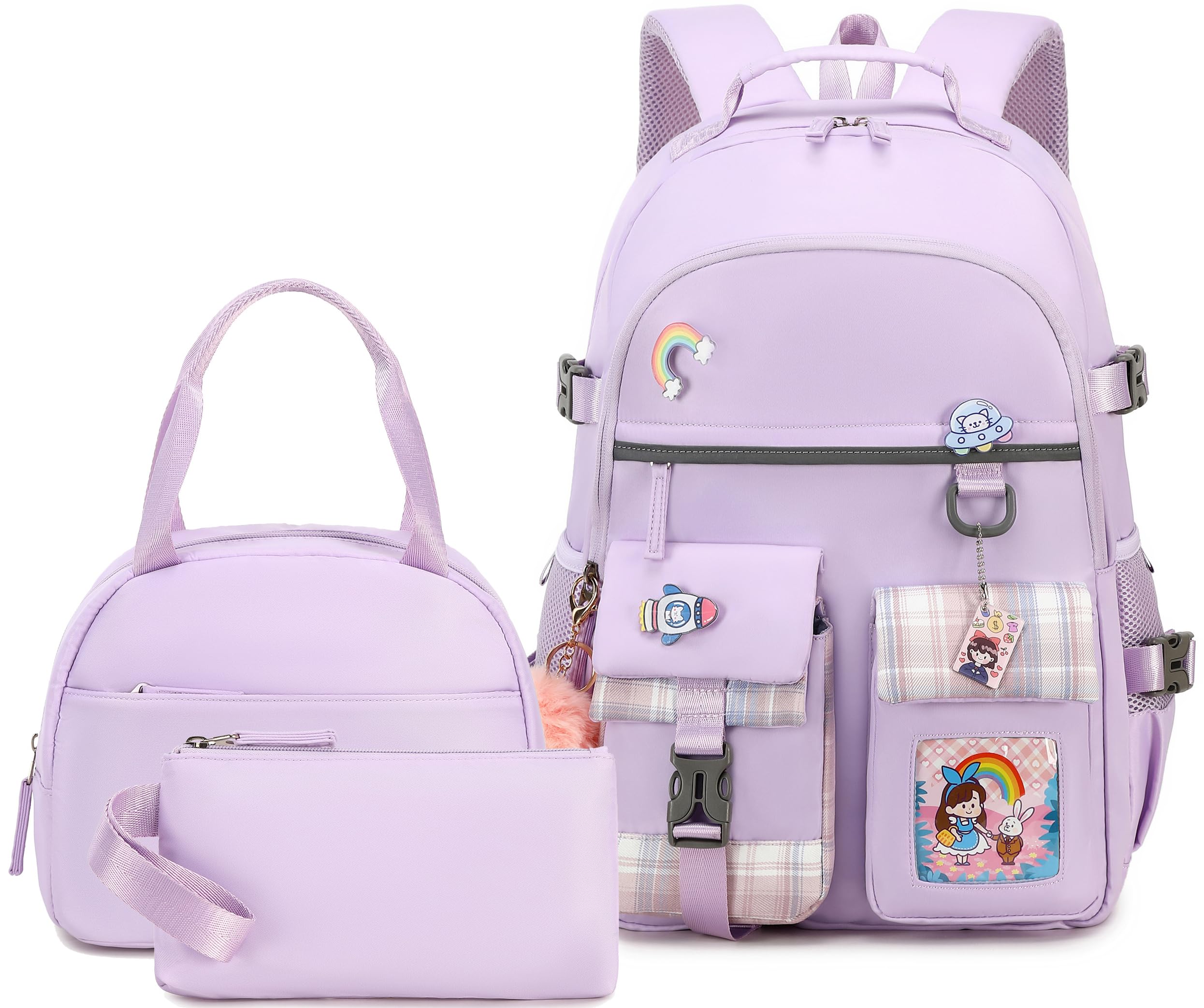 Hey Yoo Cute Backpack for School Backpack for Girls Backpack with Lunch Box Bookbag Set Kids Backpacks for Teen Girls (Purple)