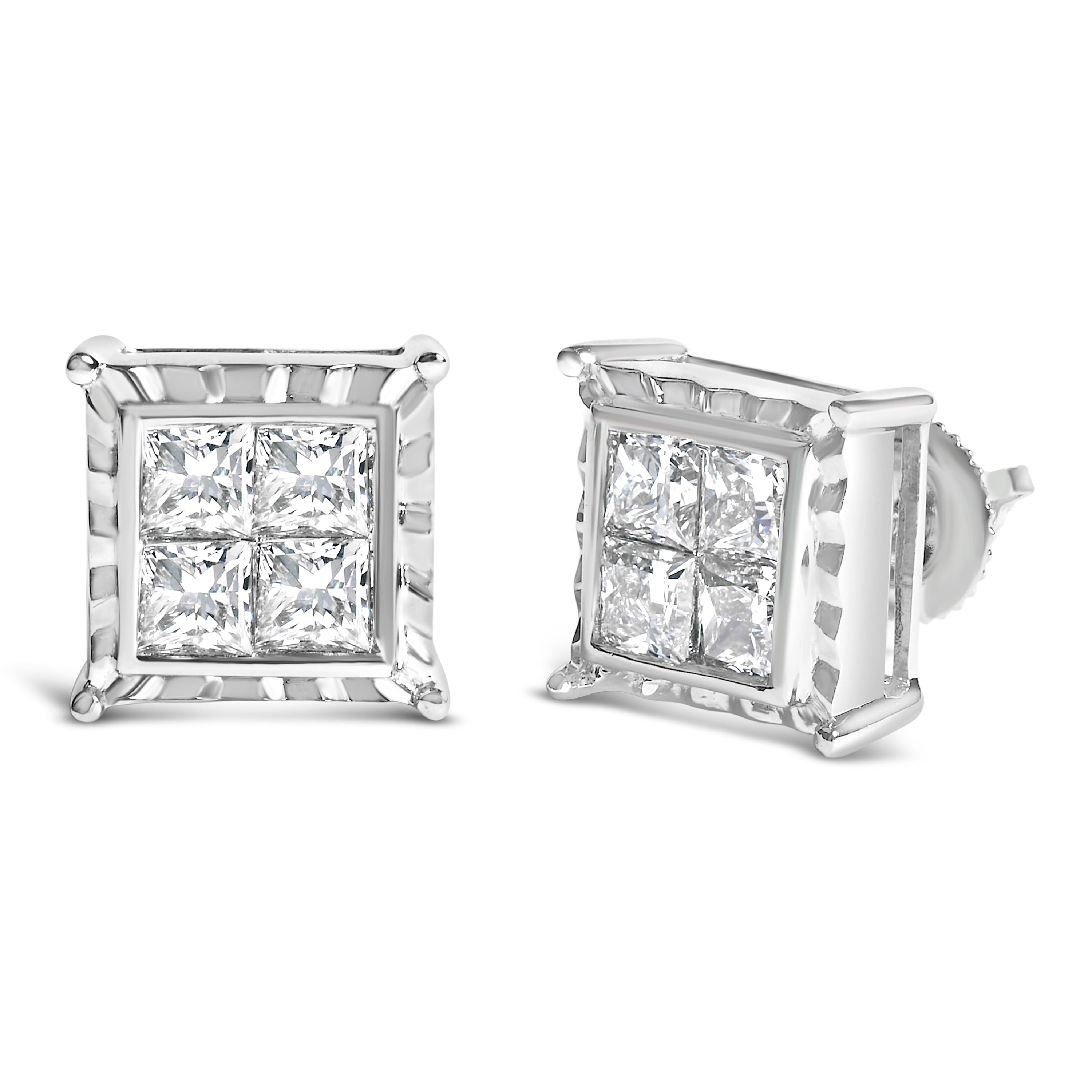 14K White Gold 2.00 Cttw Invisible Set Princess-Cut Lab Grown Diamond Wavy Quad Stud Earrings