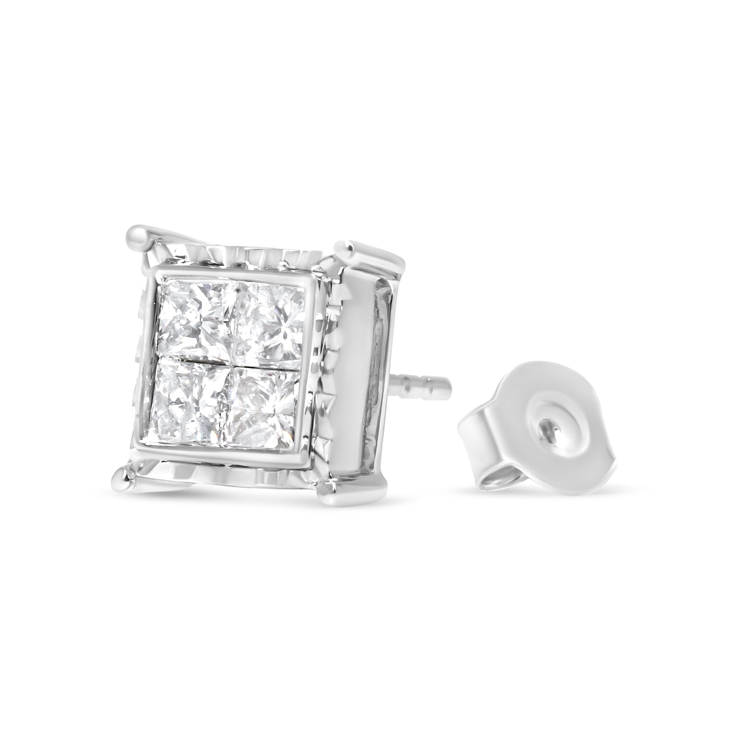 14K White Gold 2.00 Cttw Invisible Set Princess-Cut Lab Grown Diamond Wavy Quad Stud Earrings