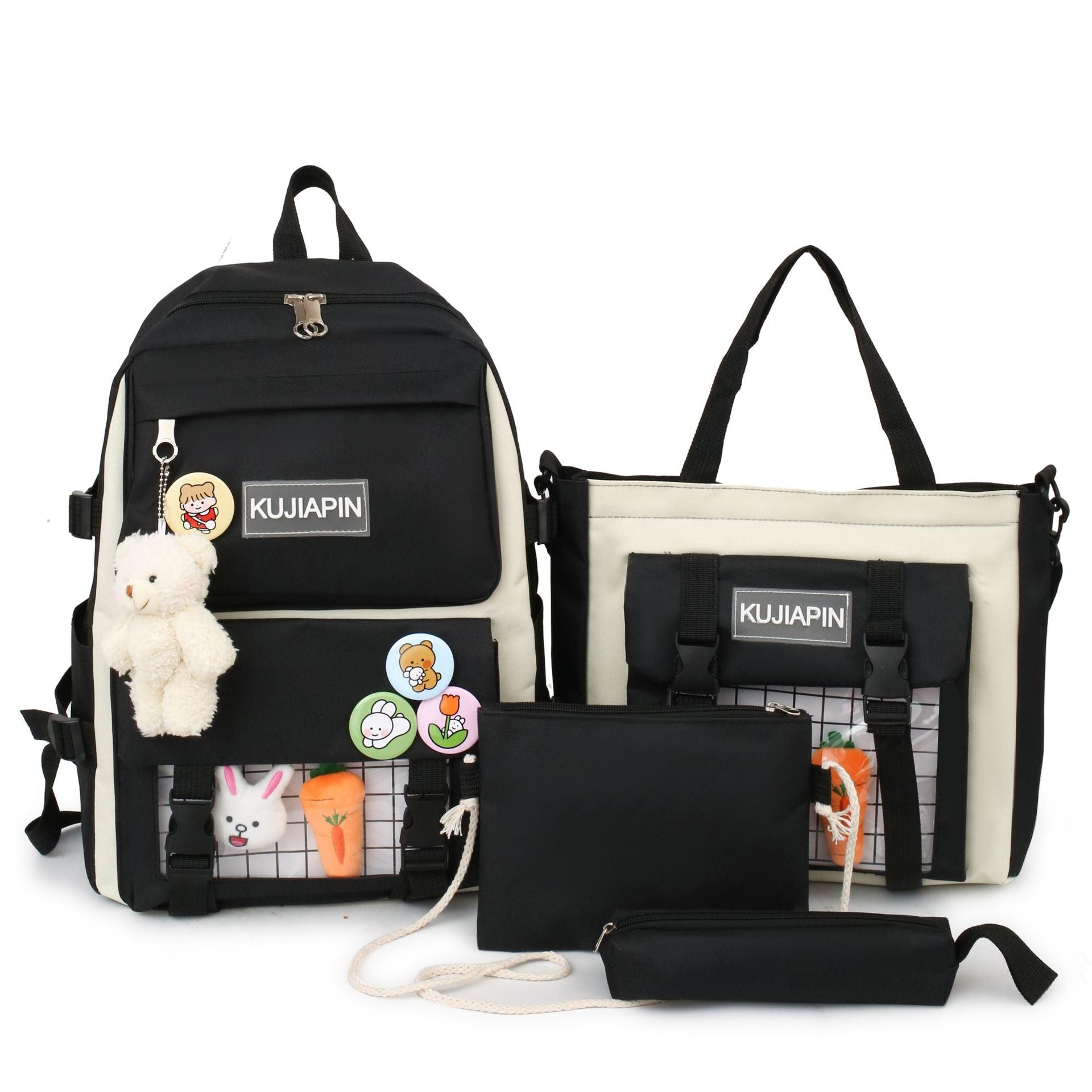4pcs Women's Fashion Nylon Backpacks with Plush Pendant