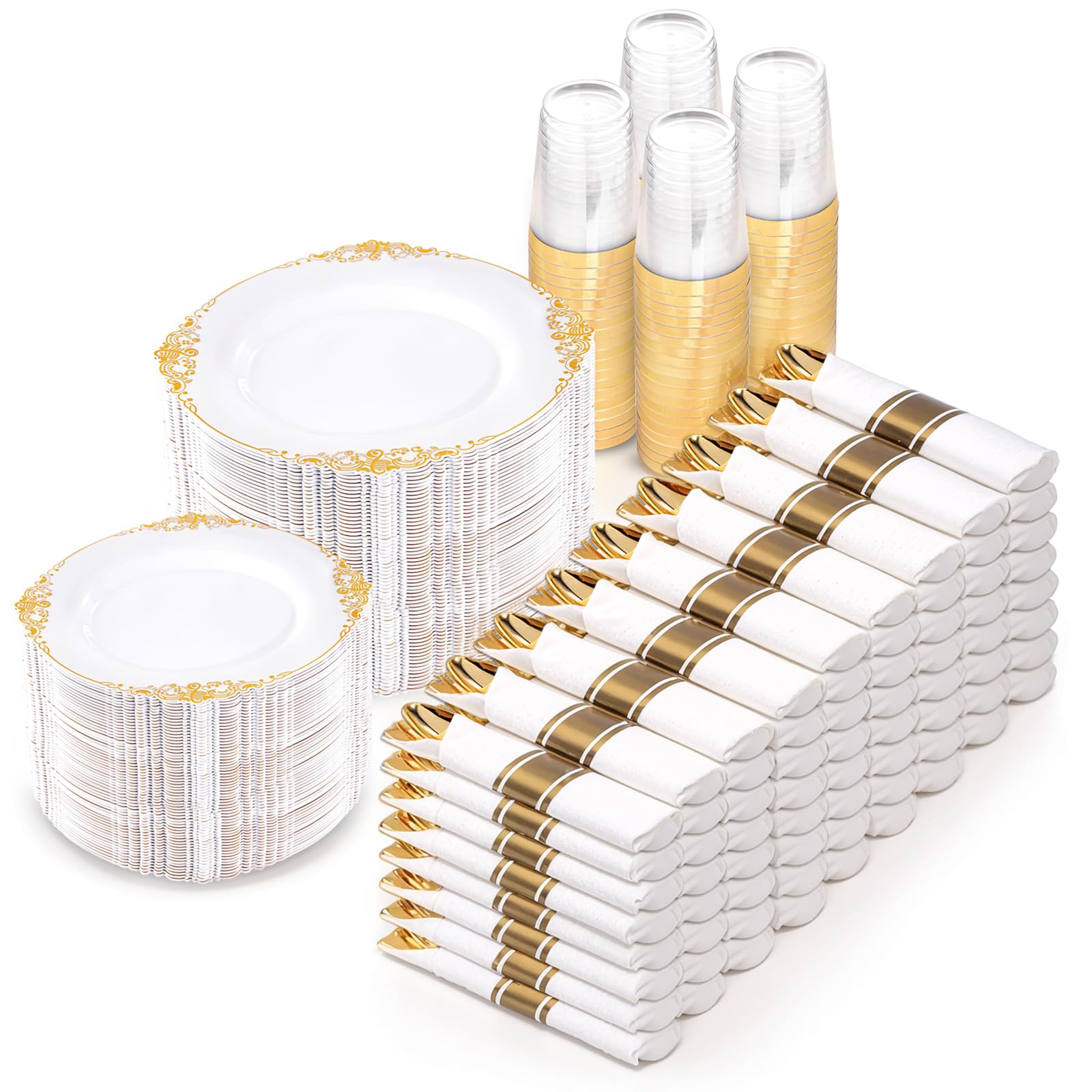 Nervure 700PCS Gold Plastic Plates - Gold Plastic Dinnerware Sets for 100 Guests - 200 Gold Disposable Plates 300 Gold Plastic Silverware 100 Cups 100 Napkins for Wedding & Party & Christmas