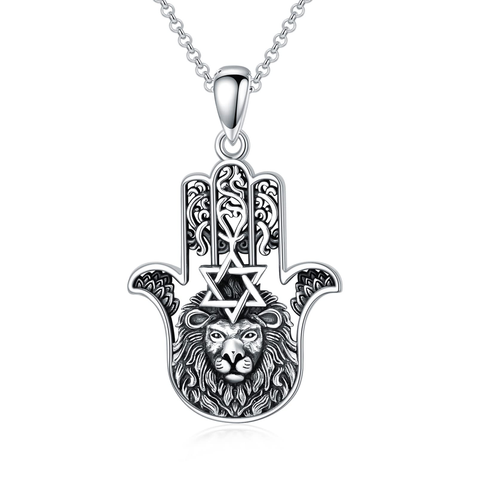 PROESS Hamsa Lion Necklace 925 Sterling Silver Hand of Fatima Pendant Necklace Star of David Hamsa Jewelry Gifts for Women Men for Birthday Christmas