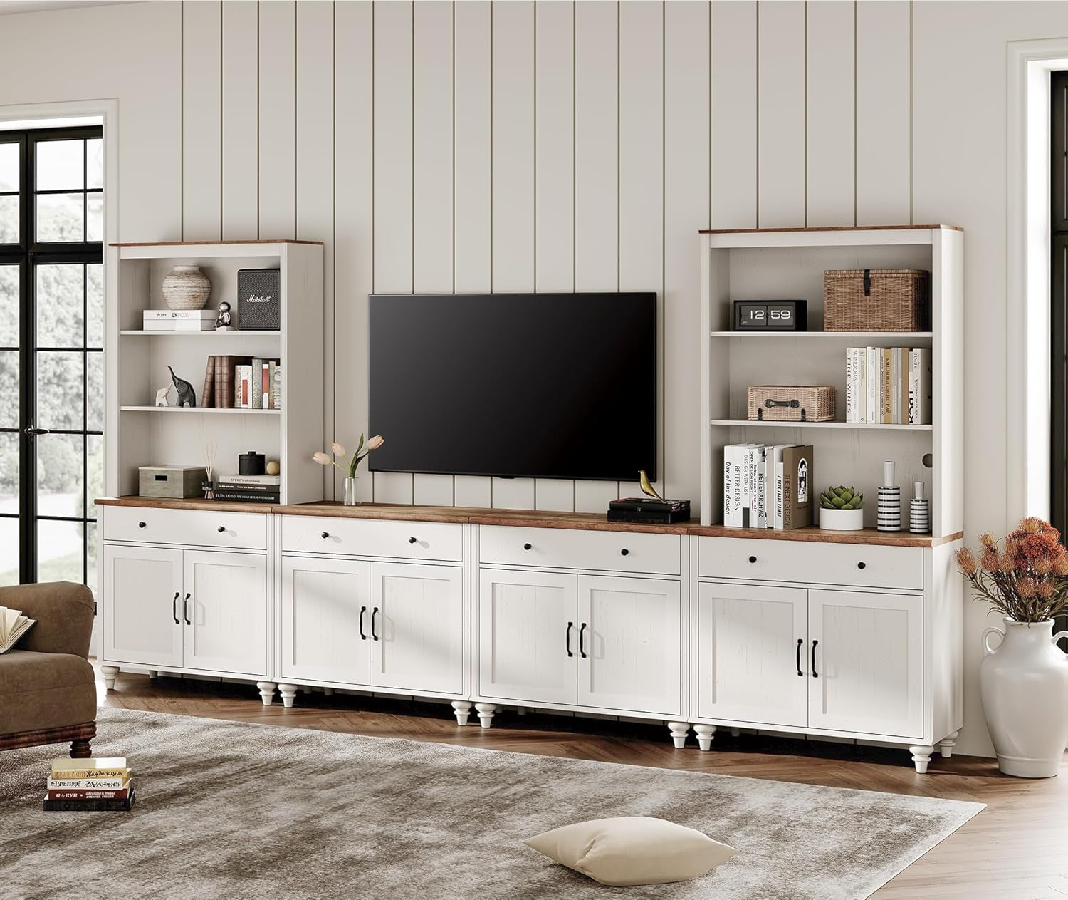 Farmhouse TV Stand For 75 Inch TV Off White 8 Doors