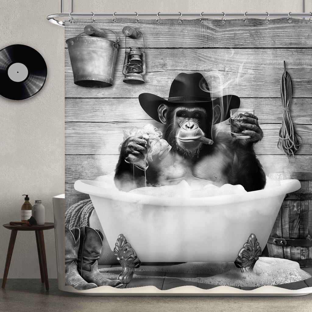 Newsely Funny Monkey Shower Curtain 72Wx72H Inch Western Cowboy Chimpanzee in Bathtub Black White Animal Wildlife Shower Curtain Bathroom Set Boys Men Waterproof Bath Decoration Accessories Home Decor